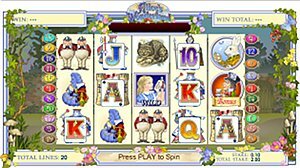 Ash Gaming's Alice's Wonderland Slot Machine Main Base Game Screen